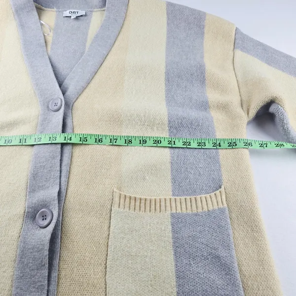 OAT New York Striped Knit Cardigan Sweater Pockets Cream Gray Women's‎ Large - Image 7
