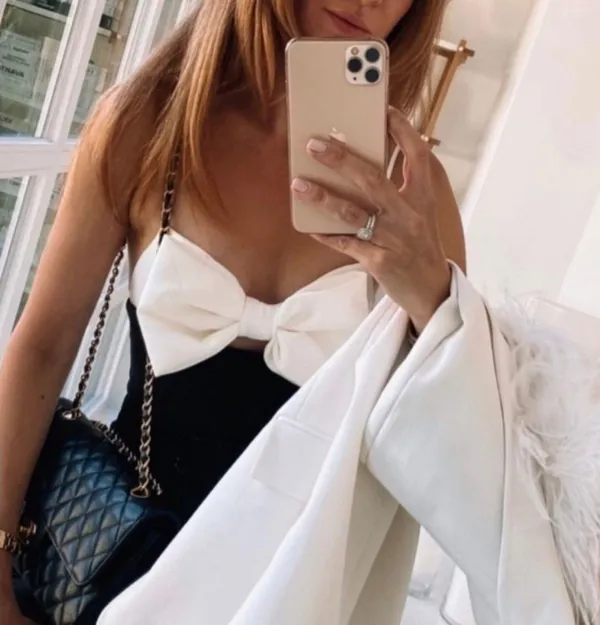ZARA black bodysuit white bow top blouse - Image 10