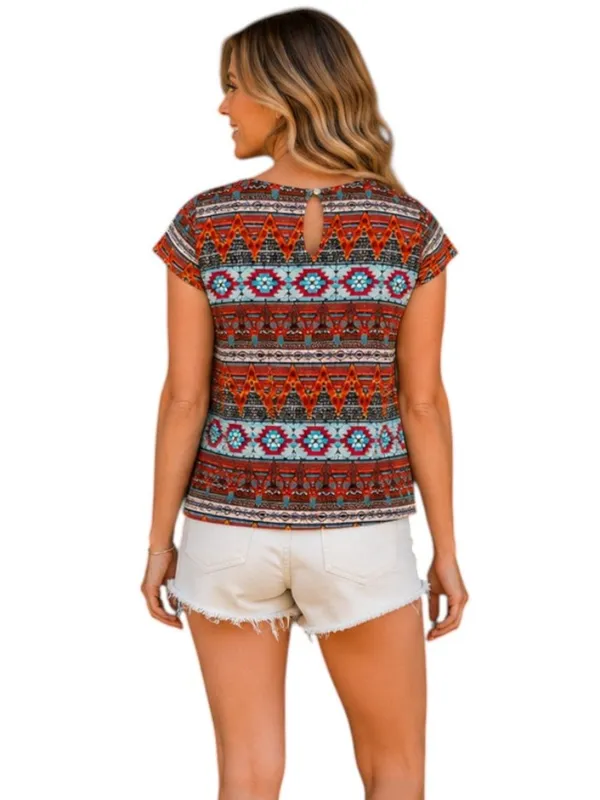 Pink Rose Multicolor Printed Boat Neck Short Sleeve Top, M - Image 2