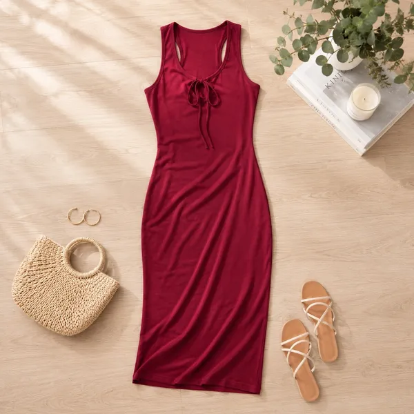 Wild Fable Burgundy ButterBliss Keyhole Tie Racerback Midi Bodycon Dress‎ Medium - Image 3