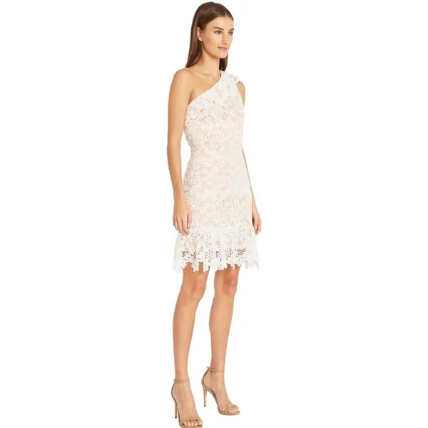 Donna Morgan White Floral Crochet Tan Lined One Shoulder Ruffle Mini Dress Sz 8 - Image 12