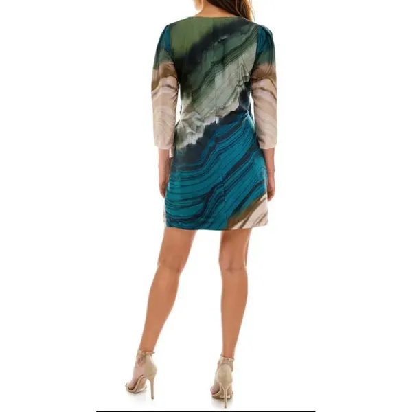 Socialite Olive Teal Abstract Marble Print Wrap Mini Dress WDR121749-N New Small - Image 5
