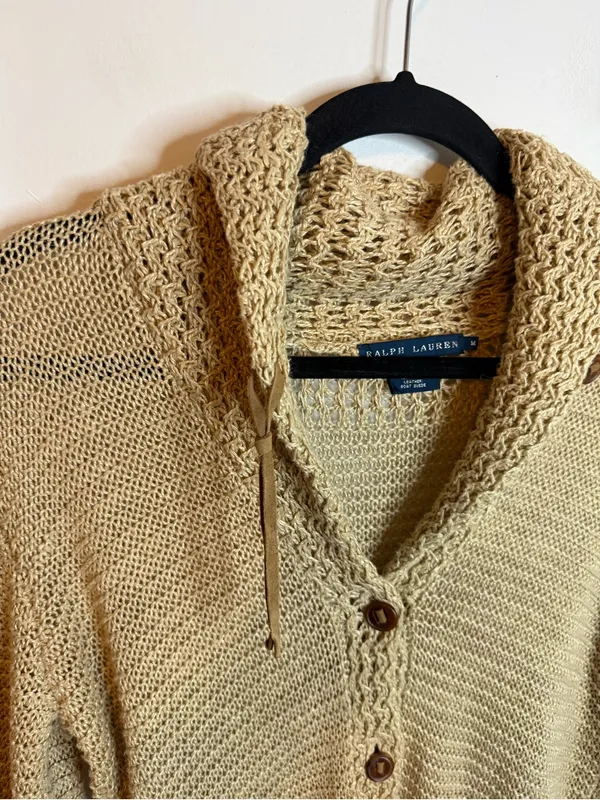 Ralph Lauren Vintage Tan Linen Open Knit Cardigan with Leather Accents - Image 4