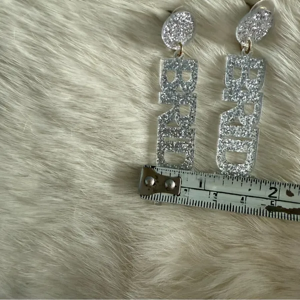 Bride Acrylic Silver Glitter Sparkle Drop Earrings. - Image 4