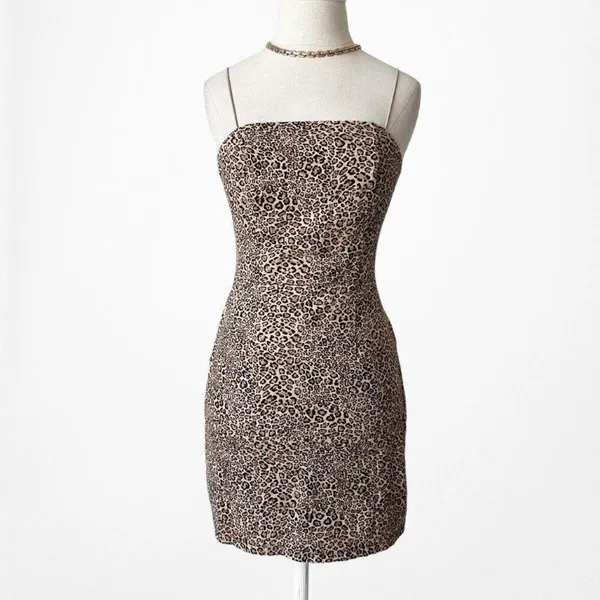 Vintage Y2K 90s Brown Animal Leopard Print Mini Bodycon Cocktail Dress Size 0/S - Image 4