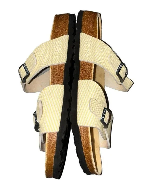 Birkenstock Birki's Aziza Yellow & White Two Strap Slides Sandals 39 8 Narrow - Image 4