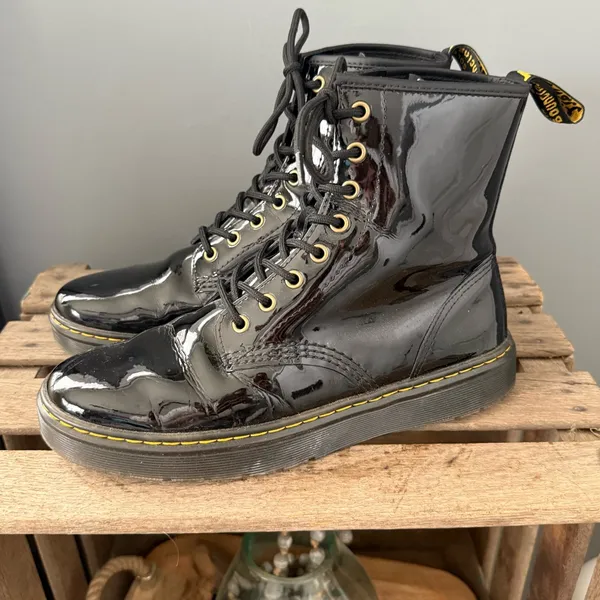 DR. MARTENS Black Patent‎ Leather ZAVALA COMBAT BOOT Size 10 A32 - Image 2