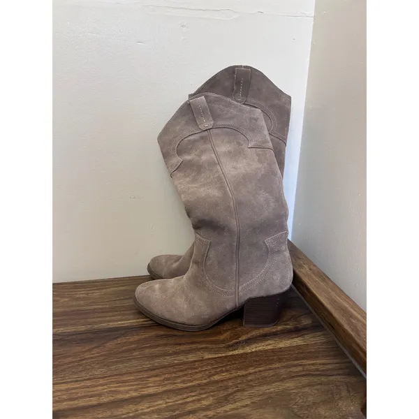 Crown Vintage Windy‎ Taupe Suede Western Tall Boots Womens 7M Stacked Heel - Image 2
