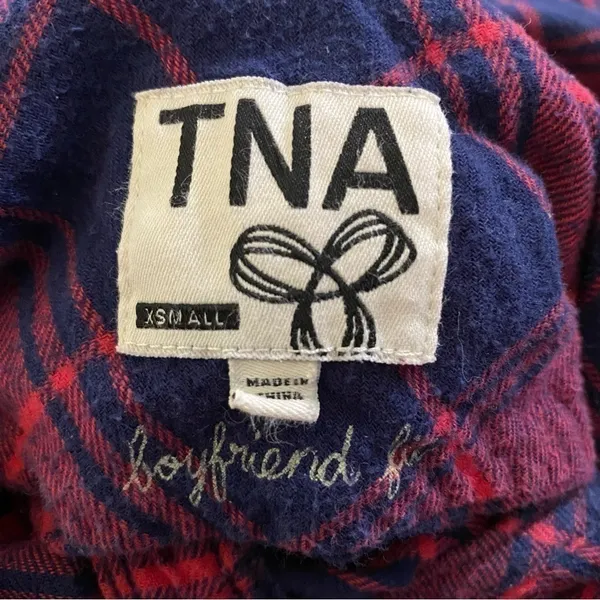 Aritzia TNA Hooded Plaid Boyfriend Fit Button Down Long Sleeve Red Navy XS - Image 4