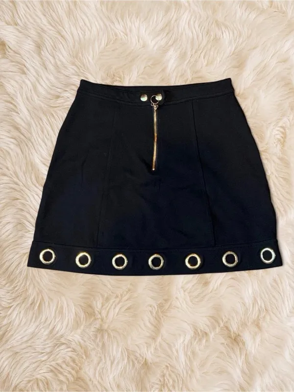 Marilyn Monroe Black Gold Grommet Zip Mini Skirt Size M Y2K Moto Grunge - Image 3