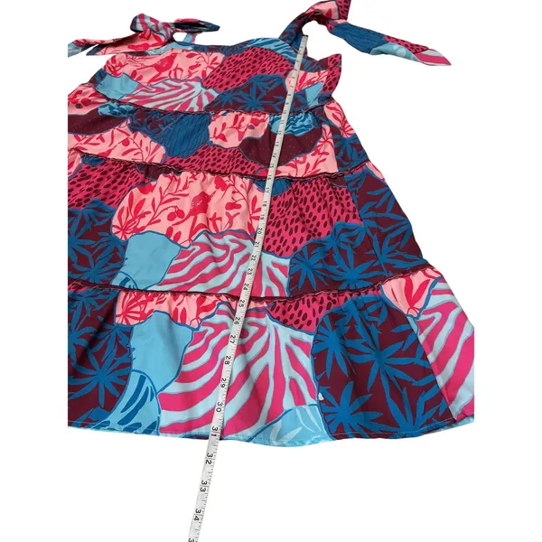 Umgee Womens Tropical Bird Print Tiered Mini Dress Pink Blue Tie Strap‎ Medium - Image 6