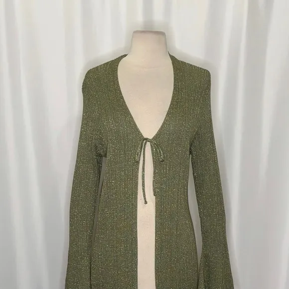 By ANTHROPOLOGIE Long Shine Cardigan Sweater Green Tie Front Knitwear Small - Image 3