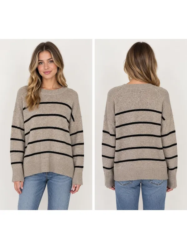Aerie unREAL Womans M Ultra Soft Beige and Black Striped Pullover Sweater Medium - Image 2