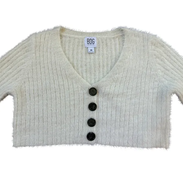 BDG Urban Outfitters Ivory Fuzzy‎ Cropped V-Neck Cardigan Sweater XS - Image 6