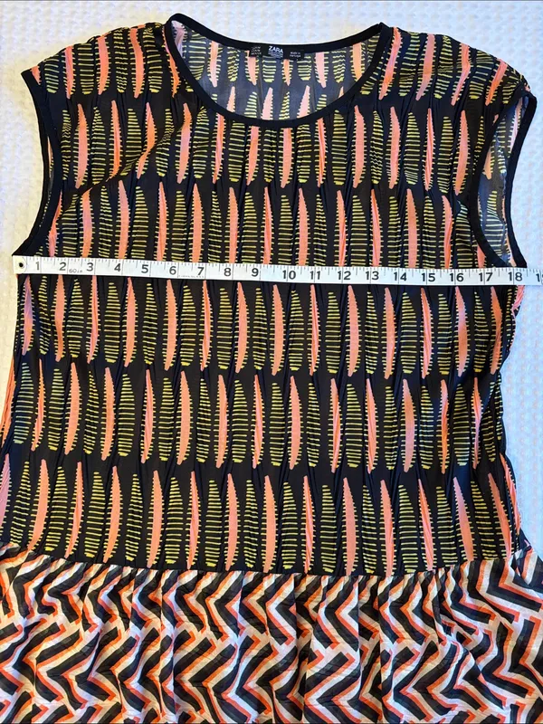 Zara MEDIUM Boho Tunic Top Sleeveless Blouse Black Coral Patterned Ruffle Hem - Image 10