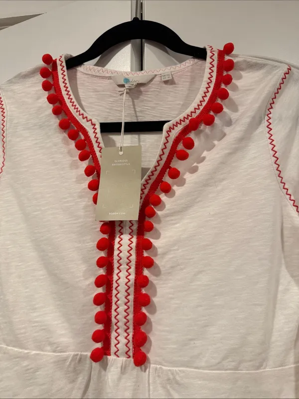 Boden Naomi‎ White Swim Coverup with Red Pom-Pom Trim 6L - Image 3