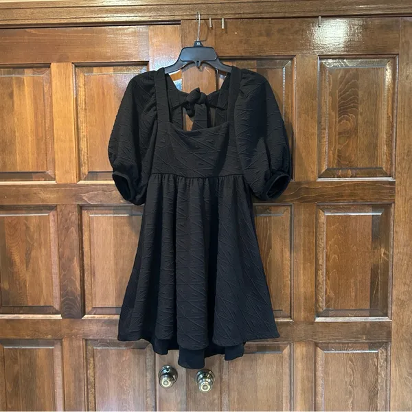 Free People Violet Mini Dress Black Textured Puff Sleeve Empire‎ Waist XS - Image 5