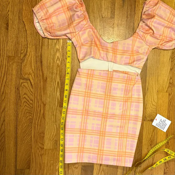 ASOS Design Women’s 6 Pink Orange Plaid Cut Out Puff Sleeve Zipper Mini Dress - Image 7