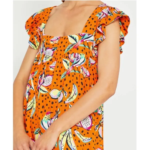 Anthropologie Kourt Aria Linen Tropical Short Dress Pockets Fruit Bird Medium - Image 3