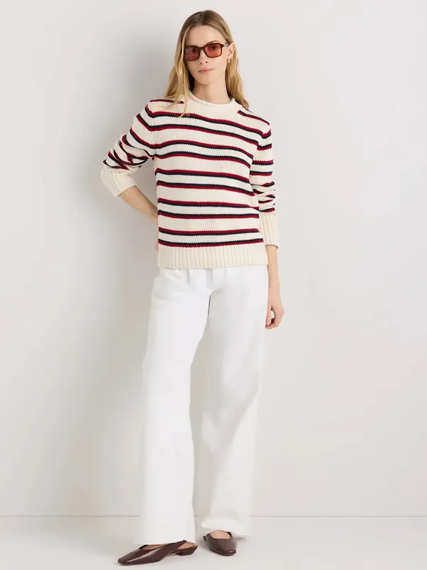 NWT Quince 100% Organic Cotton Roll Neck Sweater Off White/Navy/Red Stripe Sz XS - Image 2