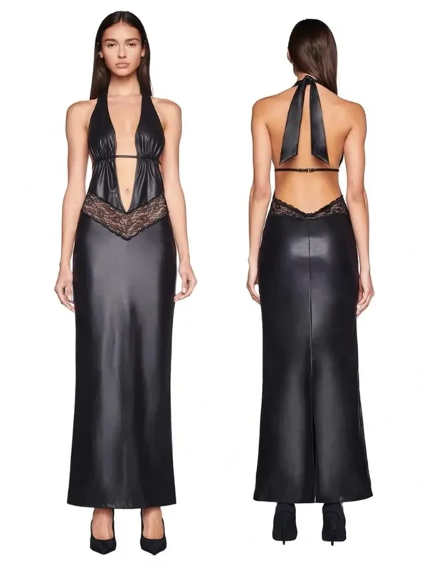 I AM GIA • Astora Maxi Dress black faux leather illusion lace plunge halter sexy - Image 2