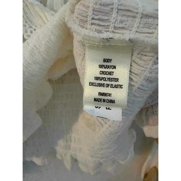 Selfie White Crochet Lace‎ Trim Smocked Waist Blouse XL Long Sleeve Boho Top - Image 9