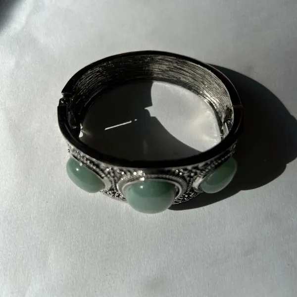 Green Aventurine Bangle Bracelet in Black Oxidized Silvertone - Image 3