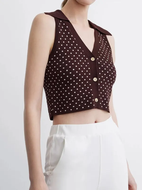 Urban Revivo Retro Polka Dot Knit Vest Brown Crop Top NWT Size M - Image 10