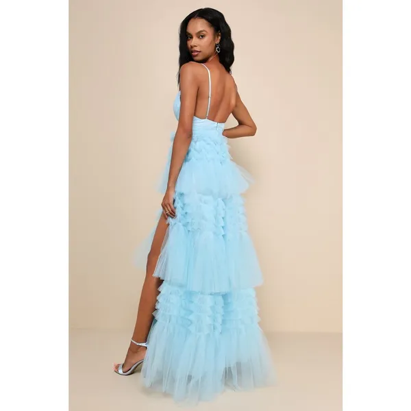 NWT Lulus Gorgeous Statement Blue Tulle Tiered Ruffled Maxi Dress Prom Gala XS - Image 4