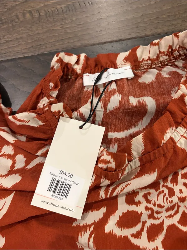 New With Tags Avara Teracotta and Cream Printed Flutter Sleeve Top Sz S - Image 7