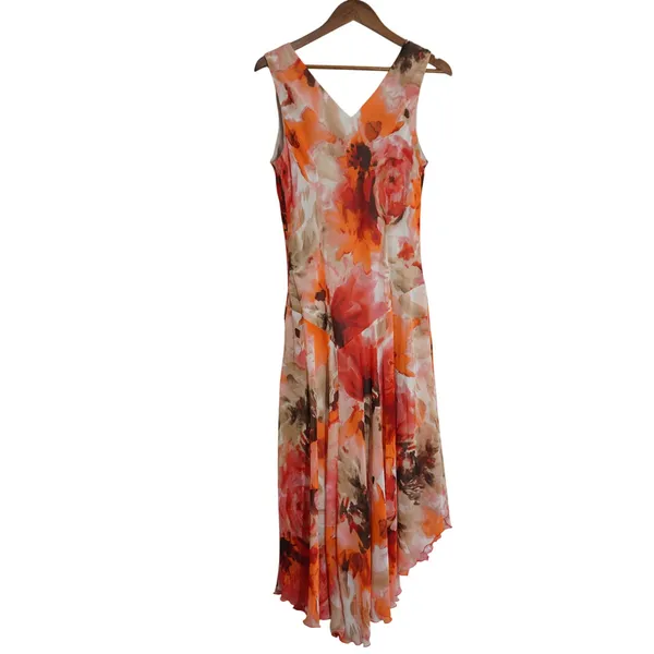 Y2K Floral Chiffon Maxi Dress Size 14 Orange Pink Watercolor Asymmetric Flowy - Image 7