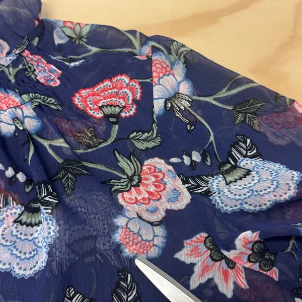 LOFT Floral Chiffon Ruffle Tie Neck Smocked Cuff Blouse Large Navy Blue Sheer - Image 8