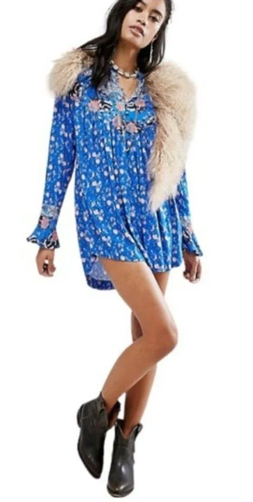 Free People Wildflower Fields Boho Blue Paisley Floral Print Tunic Top gypsy M - Image 2