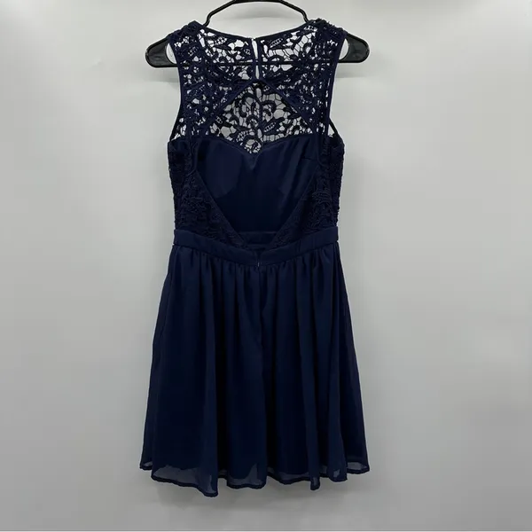 Lulus Romantic Tale Navy Blue Crochet Lace Open‎ Back Mini Skater Dress Size M - Image 6
