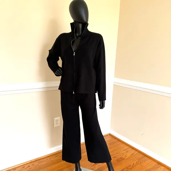 Knit Loose Set Mock Neck Blouse High Waist Flare High Rise Pants Cardigan Winter - Image 2