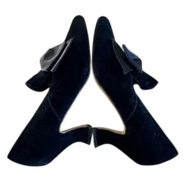 Dolcis Black Velvet Bow Kitten Heel Pumps Women's 7M Vintage Dress Shoes - Image 6