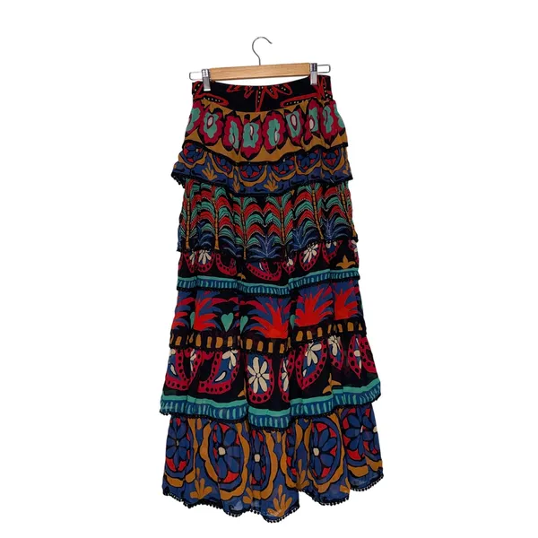Farm Rio Tiered Maxi Skirt Womens XS Multicolor Good Pom Pom Trim Tropical - Image 6