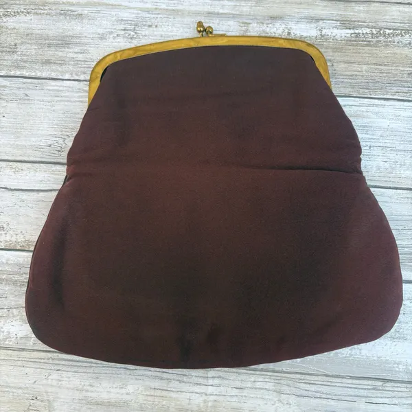 American Vintage VTG 60s Garay Purse Clutch Brown Fabric Gold Flowers Rhinestone‎ Kisslock MCM - Image 4