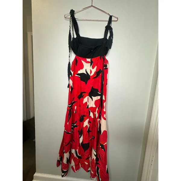 AMUR Black Red Slena Tie Back Floral Print Side Cut-Outs Square Neck Dress sz 8 - Image 3