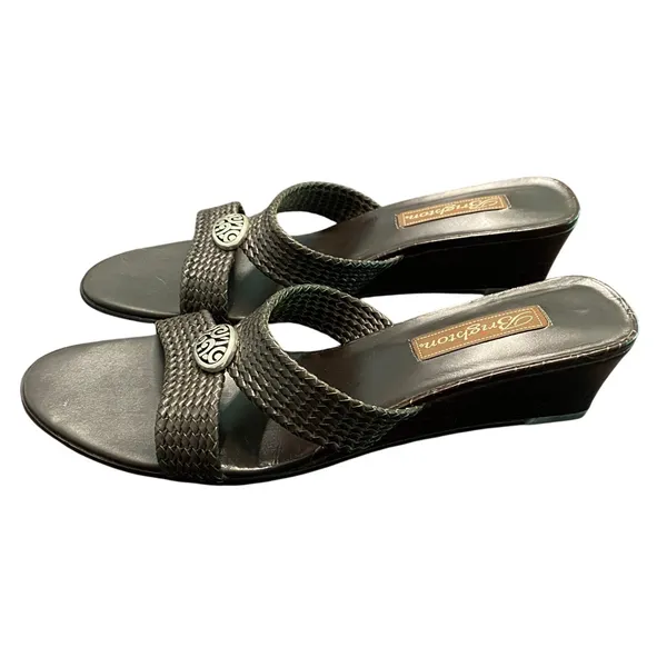 Brighton Denise Leather Wedge Sandal 10M Brown Black Woven Slides Resort Classic - Image 2