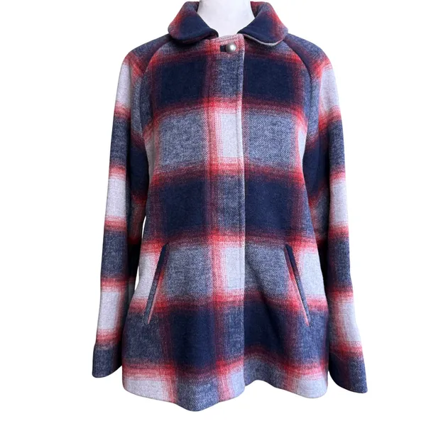 Gap Plaid Wool Blend Swing Coat Girls XXL Navy Red Grey Zip Snap Jacket New - Image 4
