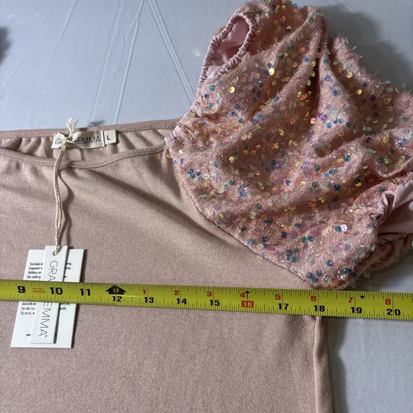 NEW Grace & Emma Boutique Large Pink Knit Shirt Iridescent Sequin Puff Sleeves - Image 7
