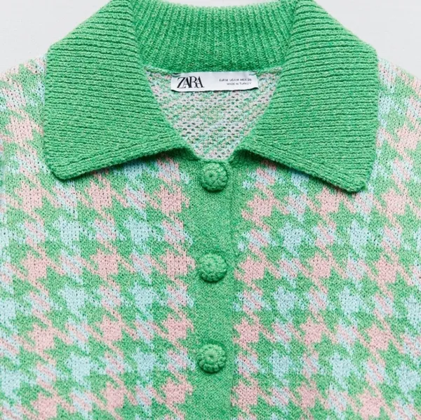 Zara Green‎ Pink Houndstooth Cropped Knit Cardigan Polo Collar Button Front M - Image 5