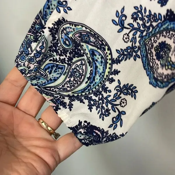DR2 by Daniel Rainn Blue White Paisley Shift Dress Tassel Tie Neck Split MEDIUM - Image 5