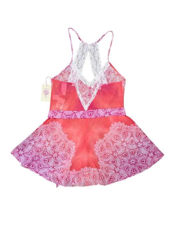 In Bloom by Jonquil Sheer Lace Babydoll Chemise Nightgown Pink Medium Adjustable - Image 4