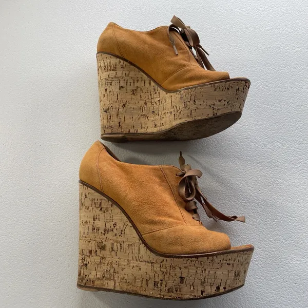 Gianvito Rossi Suede Cork Open Toe Lace Up Platform Shoes Orange/Beige Womens 37 - Image 8