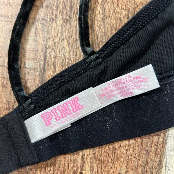 Pink Victoria's Secret Black Crushed Velvet Bralette Silver Logo Band Small Bra - Image 5