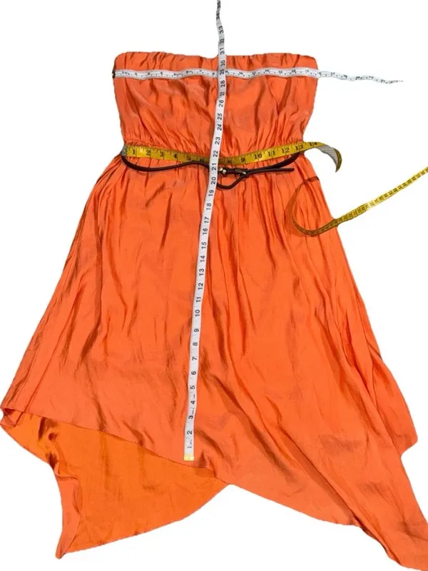 Max and Cleo Boho Western Orange Coral Strapless Dress With Belt And Handkerchief Hem Medium - Image 5