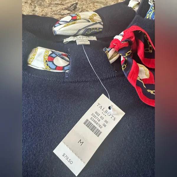 Talbots Silk Scarf Sweater Size Medium Nautical 3/4 sleeve New NET - Image 7