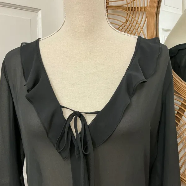 Victoria's Secret Sheer Black Ruffle Blouse M Y2K Whimsigoth Dark Academia VTG - Image 2